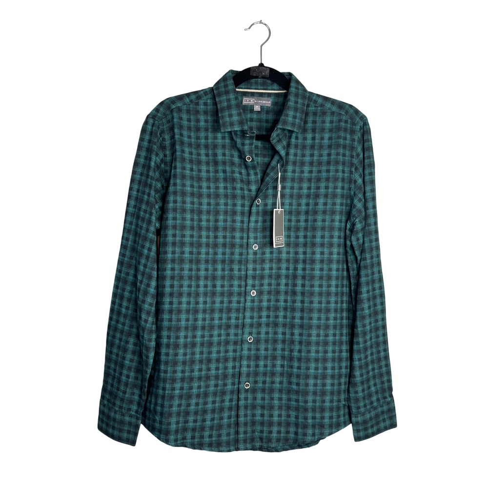 Ike by Ike Behar‎ Mens Collared Button Shirt Sz S Sea Moss Green Black Plaid NWT